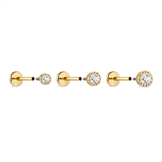 14K Gold Classic Single CZ Titanium Internally Threaded Flat Back Cartilage Stud | Hypoallergenic Piercing Jewelry