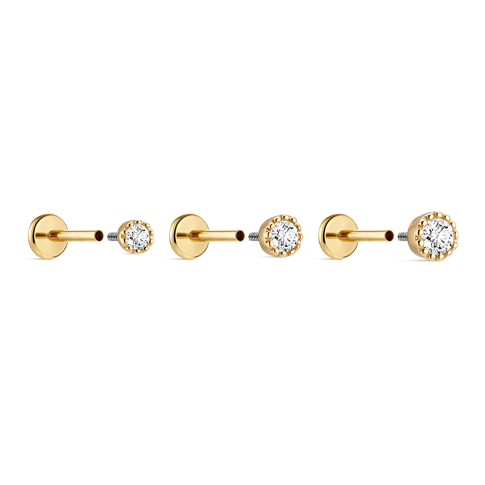 14K Gold Classic Single CZ Titanium Internally Threaded Flat Back Cartilage Stud | Hypoallergenic Piercing Jewelry