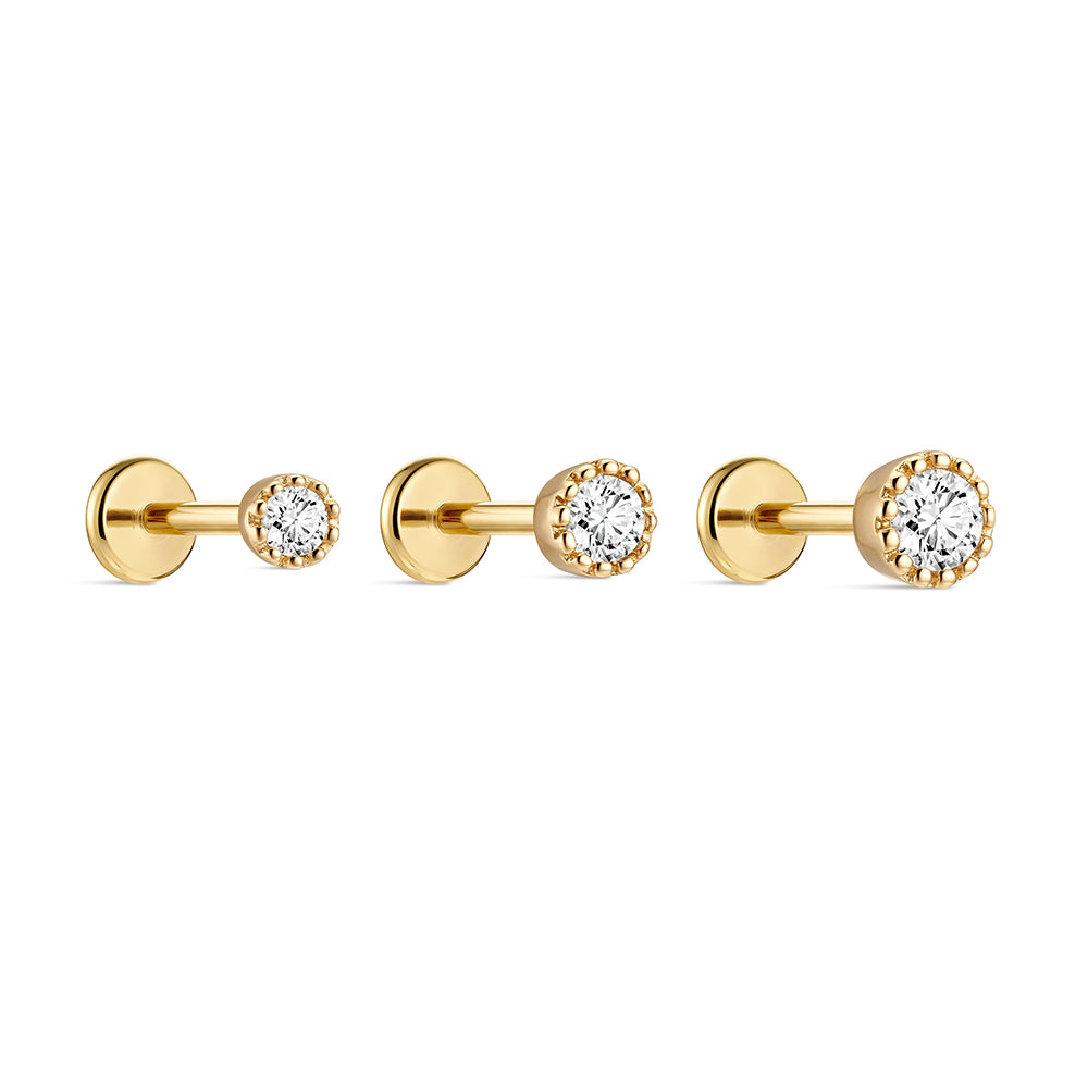 14K Gold Classic Single CZ Titanium Internally Threaded Flat Back Cartilage Stud | Hypoallergenic Piercing Jewelry