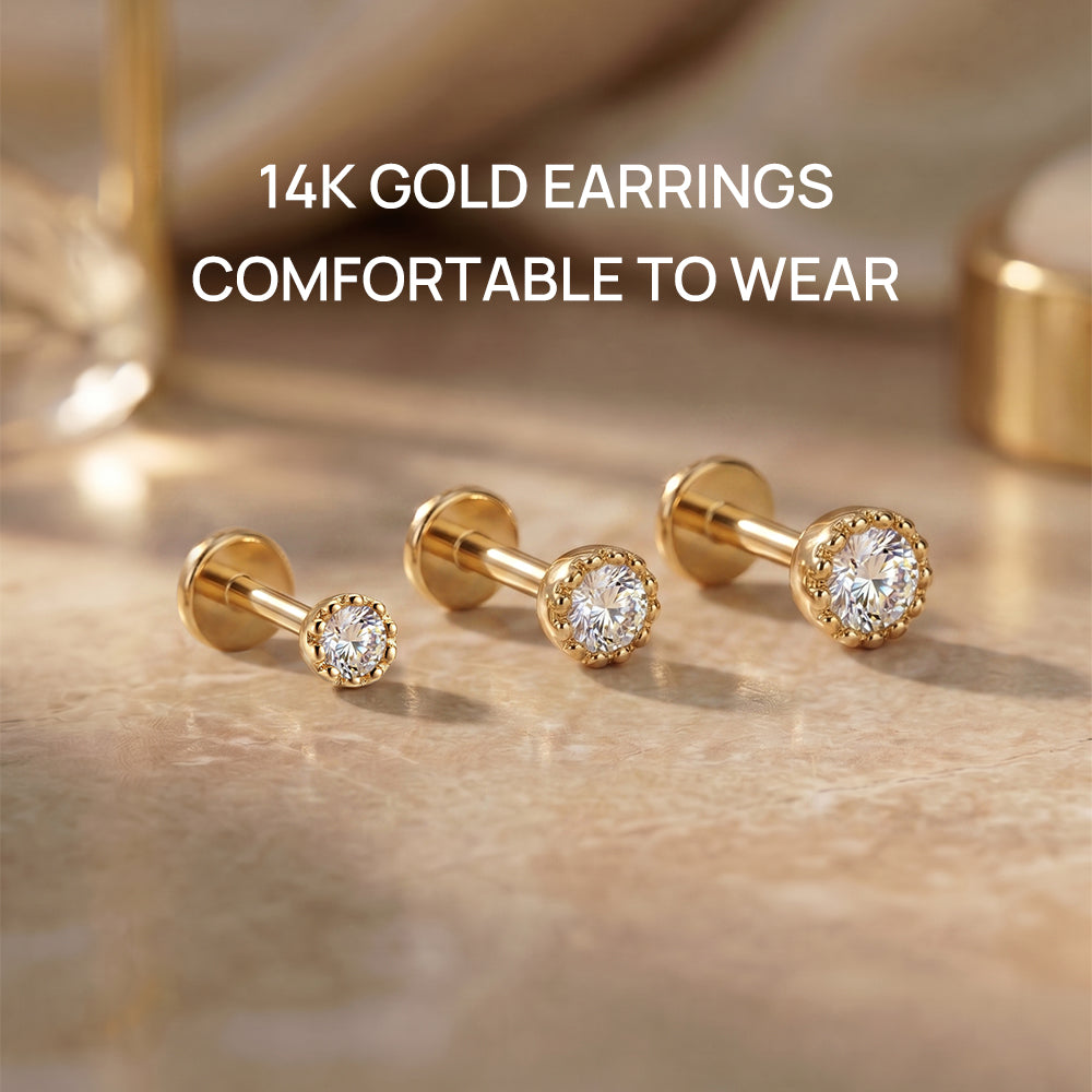 14K Gold Classic Single CZ Titanium Internally Threaded Flat Back Cartilage Stud | Hypoallergenic Piercing Jewelry