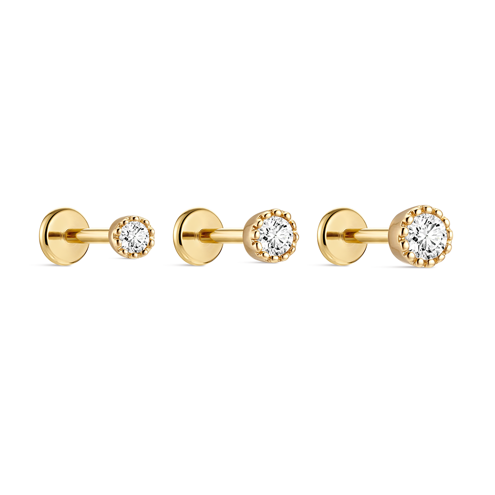 14K Gold Classic Single CZ Titanium Internally Threaded Flat Back Cartilage Stud | Hypoallergenic Piercing Jewelry