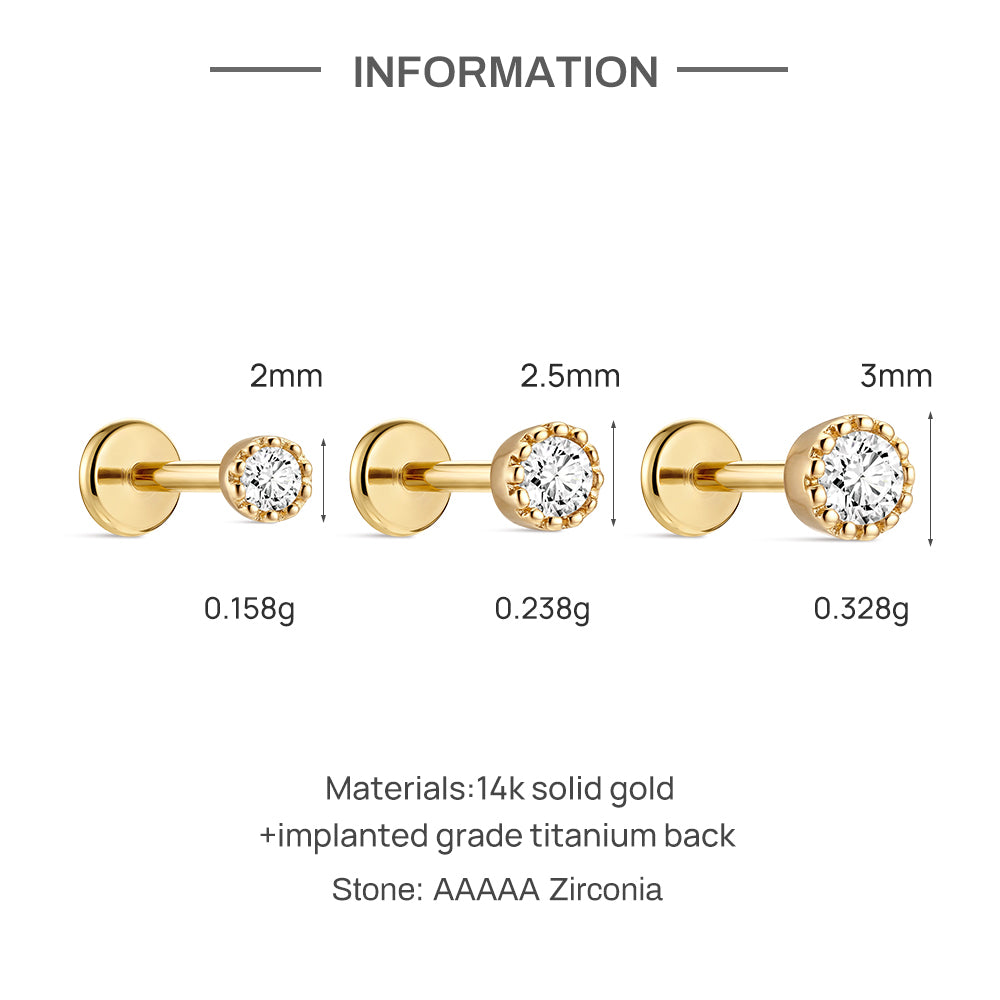 14K Gold Classic Single CZ Titanium Internally Threaded Flat Back Cartilage Stud | Hypoallergenic Piercing Jewelry