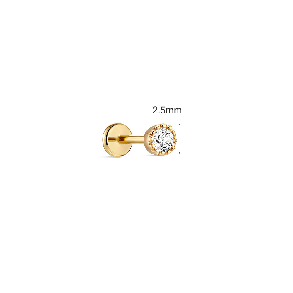 14K Gold Classic Single CZ Titanium Internally Threaded Flat Back Cartilage Stud | Hypoallergenic Piercing Jewelry
