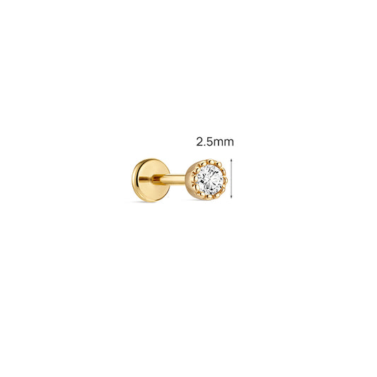 14K Gold Classic Single CZ Titanium Internally Threaded Flat Back Cartilage Stud | Hypoallergenic Piercing Jewelry
