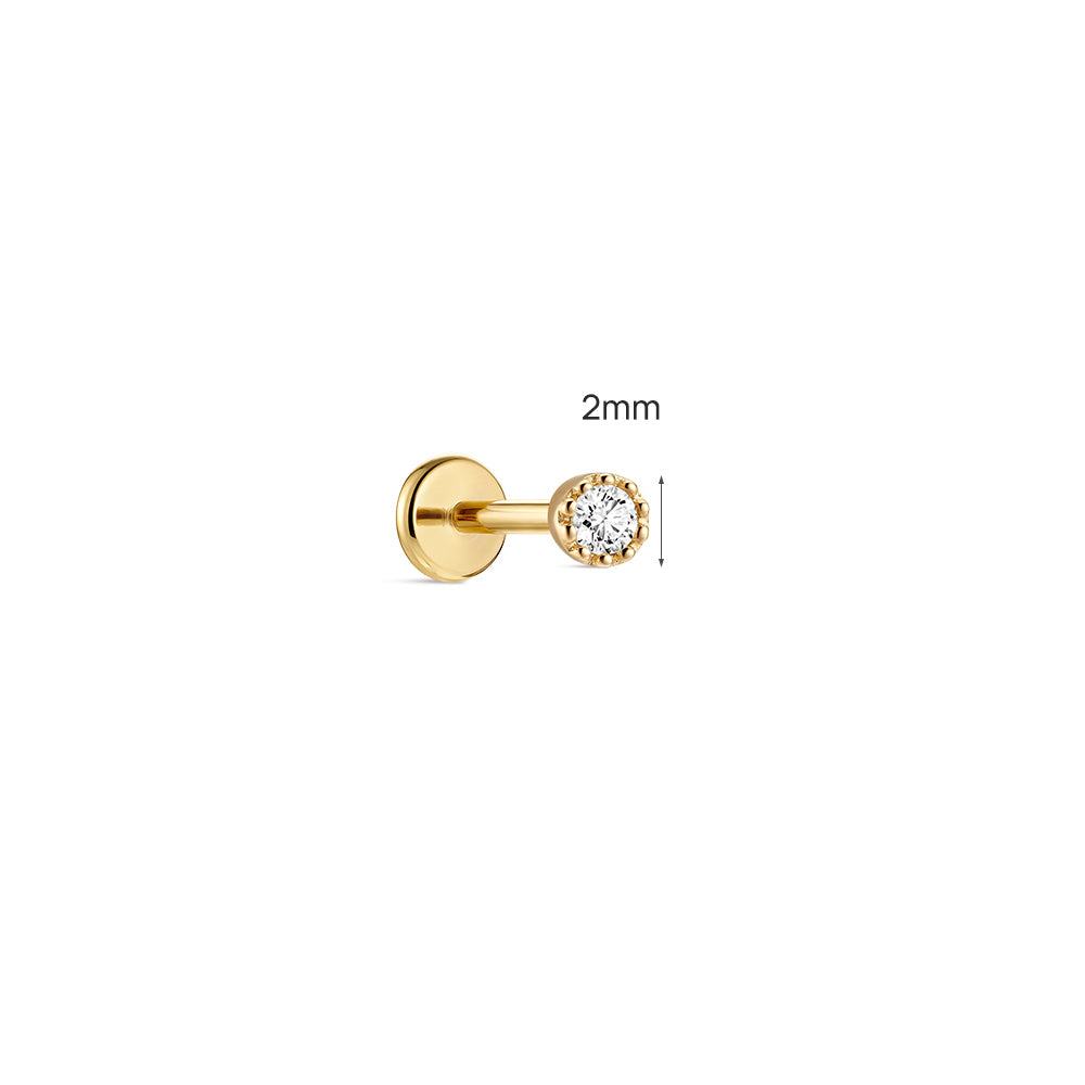 14K Gold Classic Single CZ Titanium Internally Threaded Flat Back Cartilage Stud | Hypoallergenic Piercing Jewelry