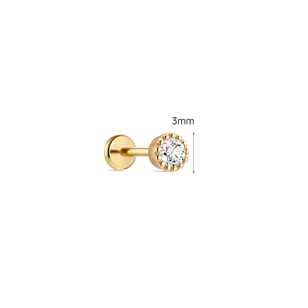 14K Gold Classic Single CZ Titanium Internally Threaded Flat Back Cartilage Stud | Hypoallergenic Piercing Jewelry