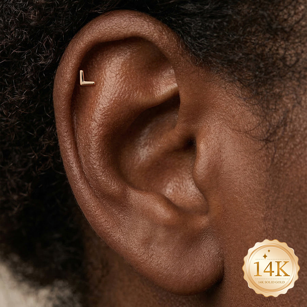 14K Gold Minimalist Polished V-Shape Titanium Internally Threaded Flat Back Cartilage Stud | Hypoallergenic Piercing Jewelry