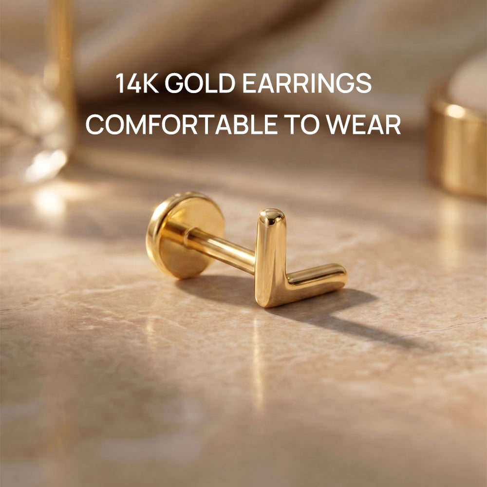 14K Gold Minimalist Polished V-Shape Titanium Internally Threaded Flat Back Cartilage Stud | Hypoallergenic Piercing Jewelry