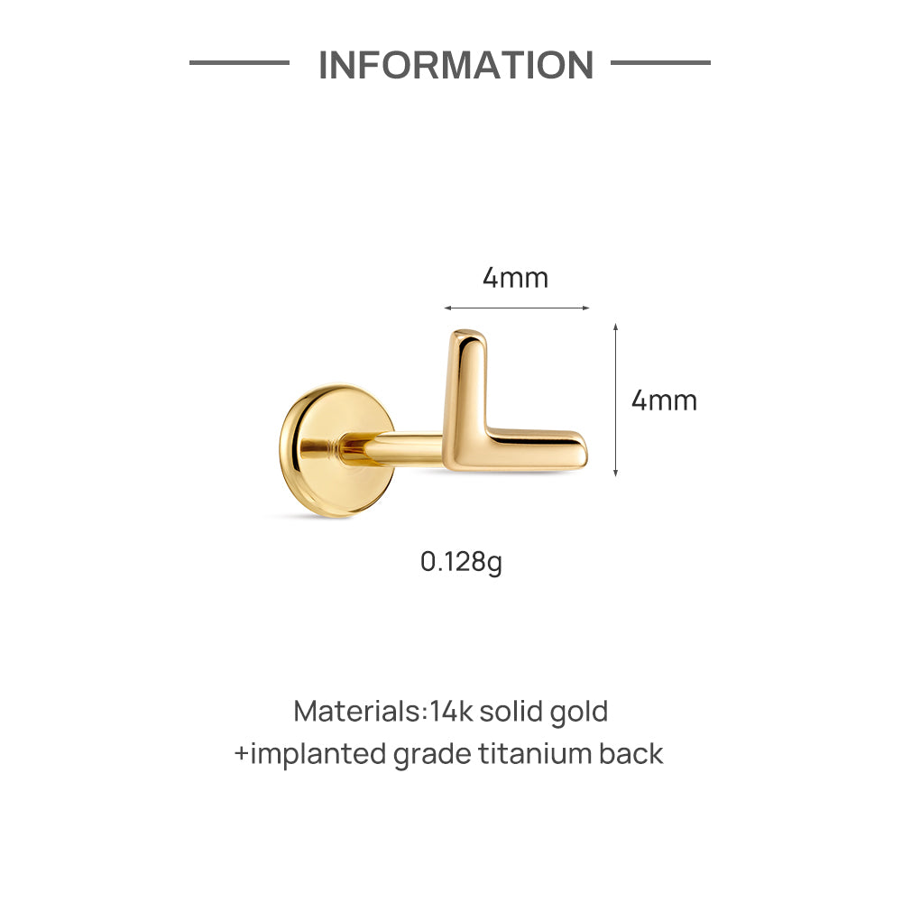 14K Gold Minimalist Polished V-Shape Titanium Internally Threaded Flat Back Cartilage Stud | Hypoallergenic Piercing Jewelry
