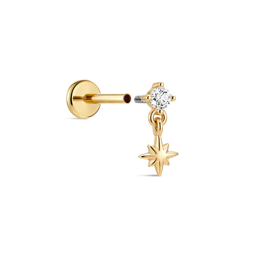 14K Gold Eight-Pointed Star CZ Titanium Internally Threaded Flat Back Cartilage Stud | Hypoallergenic Piercing Jewelry