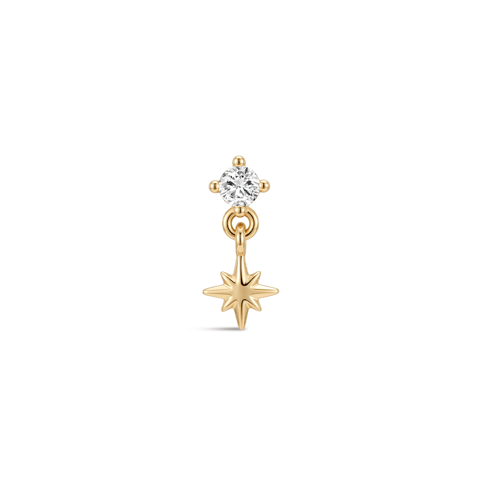 14K Gold Eight-Pointed Star CZ Titanium Internally Threaded Flat Back Cartilage Stud | Hypoallergenic Piercing Jewelry