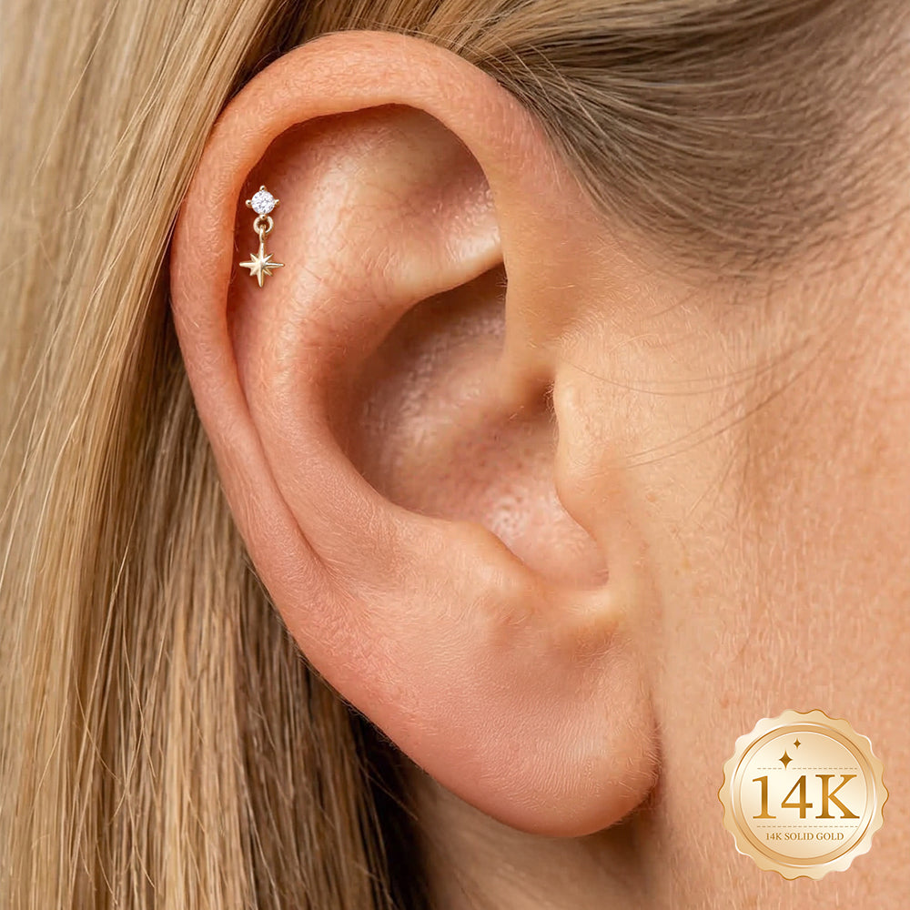 14K Gold Eight-Pointed Star CZ Titanium Internally Threaded Flat Back Cartilage Stud | Hypoallergenic Piercing Jewelry