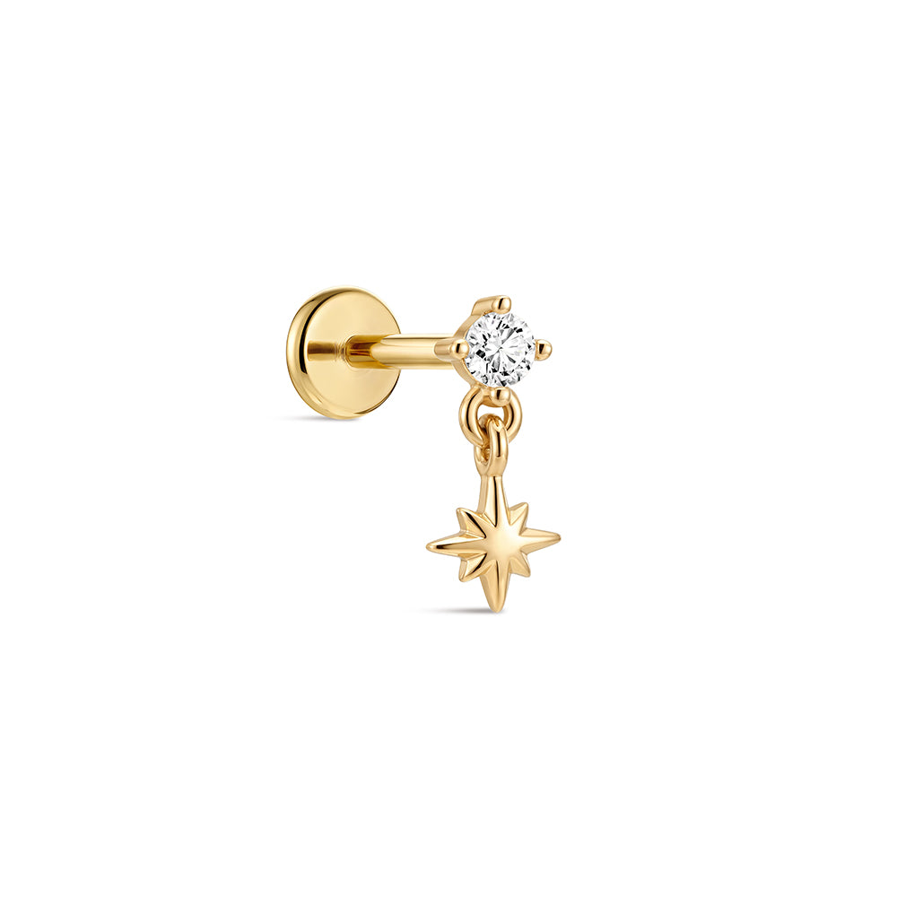14K Gold Eight-Pointed Star CZ Titanium Internally Threaded Flat Back Cartilage Stud | Hypoallergenic Piercing Jewelry