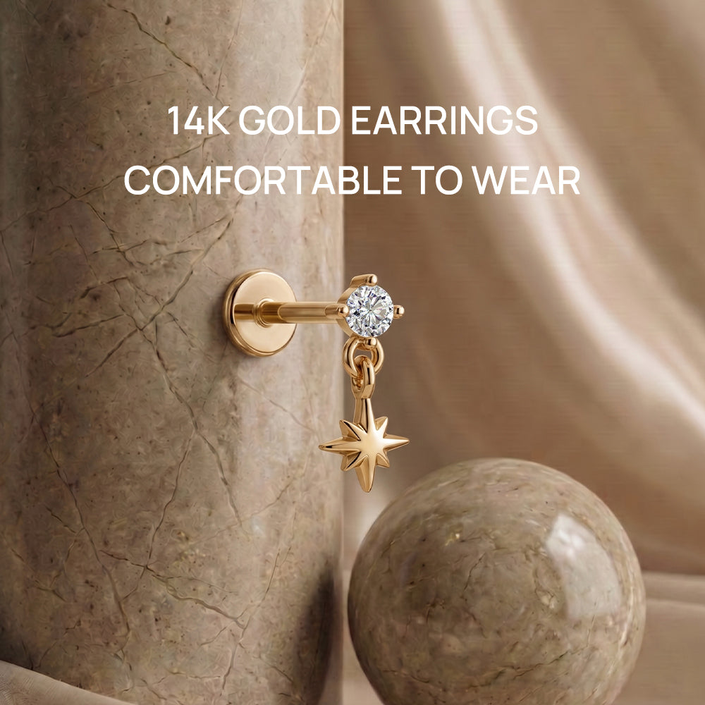 14K Gold Eight-Pointed Star CZ Titanium Internally Threaded Flat Back Cartilage Stud | Hypoallergenic Piercing Jewelry