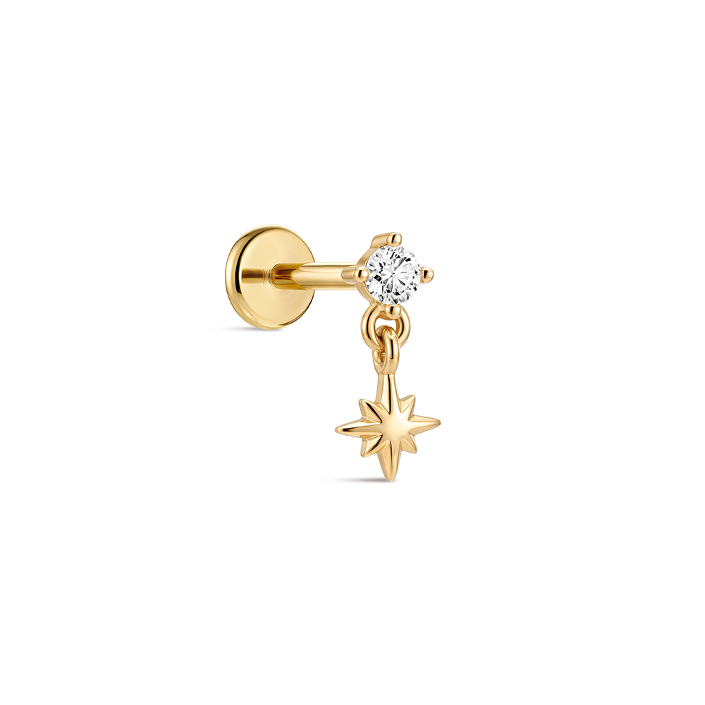14K Gold Eight-Pointed Star CZ Titanium Internally Threaded Flat Back Cartilage Stud | Hypoallergenic Piercing Jewelry