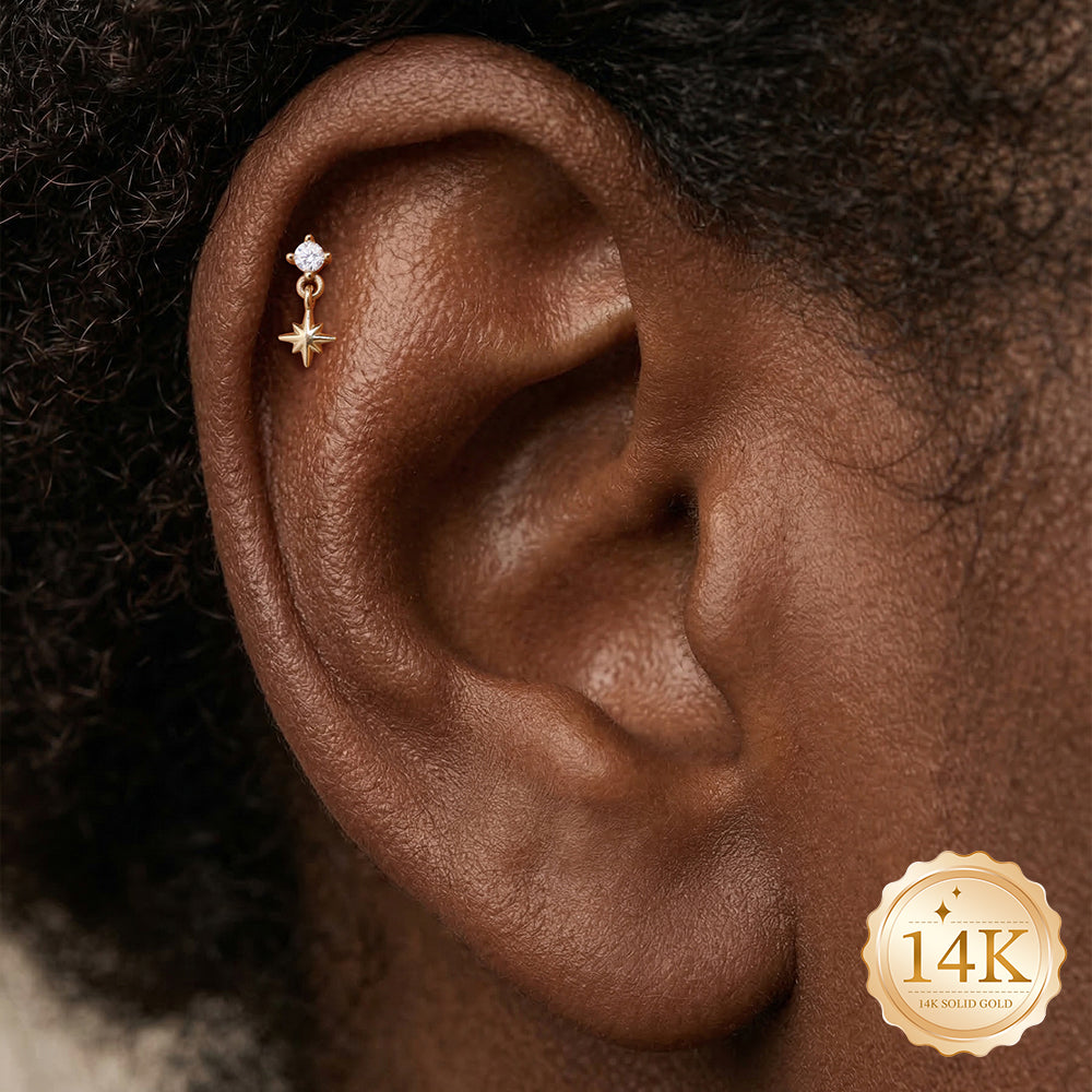 14K Gold Eight-Pointed Star CZ Titanium Internally Threaded Flat Back Cartilage Stud | Hypoallergenic Piercing Jewelry