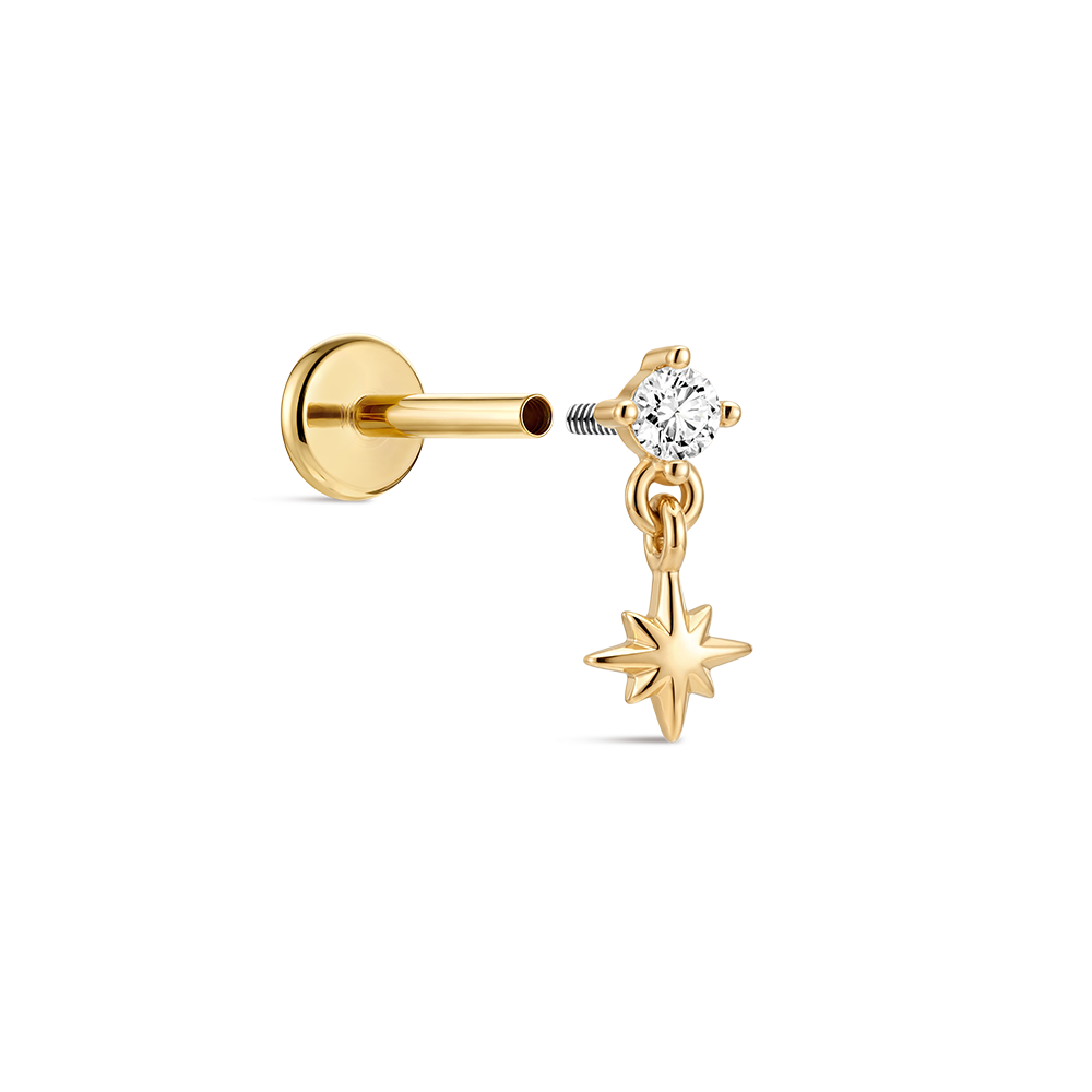 14K Gold Eight-Pointed Star CZ Titanium Internally Threaded Flat Back Cartilage Stud | Hypoallergenic Piercing Jewelry