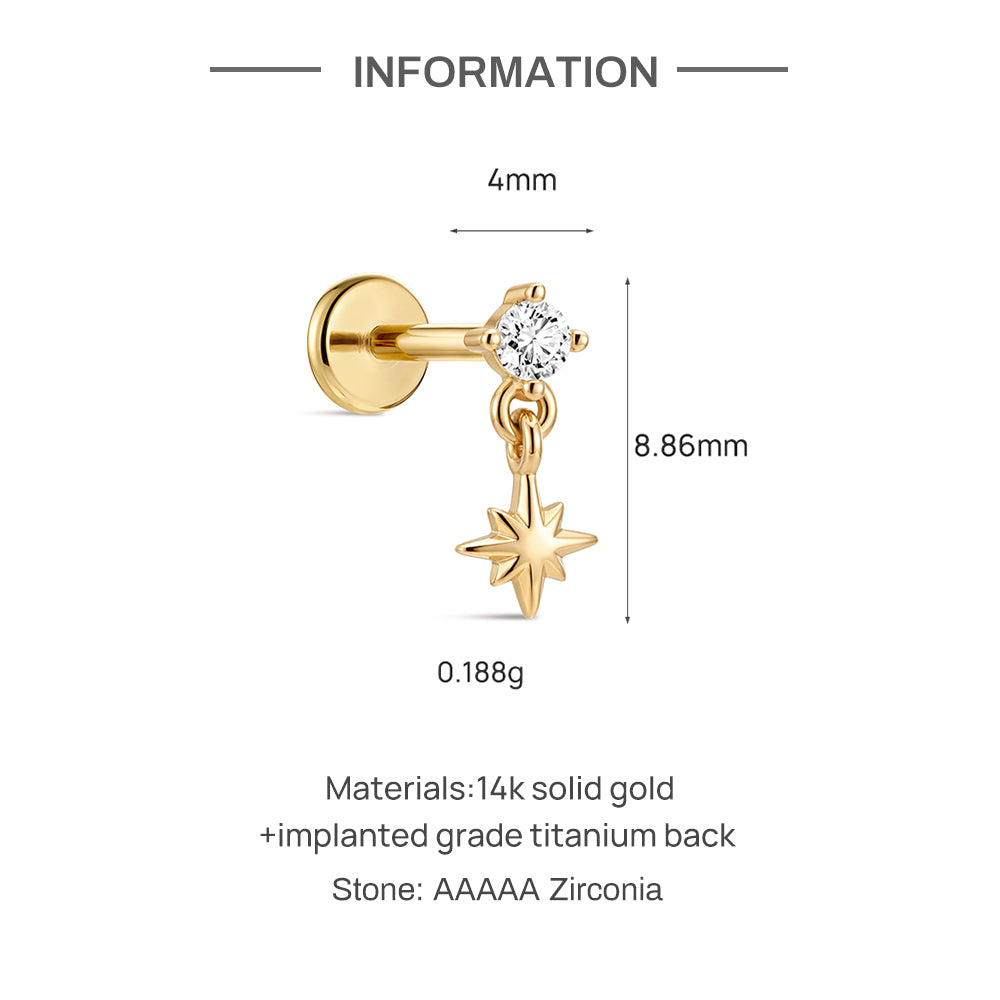 14K Gold Eight-Pointed Star CZ Titanium Internally Threaded Flat Back Cartilage Stud | Hypoallergenic Piercing Jewelry