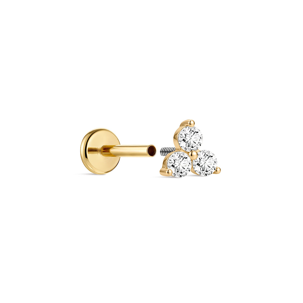 14K Gold Classic Triple CZ Cluster Titanium Internally Threaded Flat Back Cartilage Stud | Hypoallergenic Piercing Jewelry