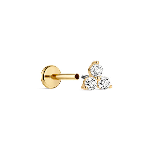14K Gold Classic Triple CZ Cluster Titanium Internally Threaded Flat Back Cartilage Stud | Hypoallergenic Piercing Jewelry