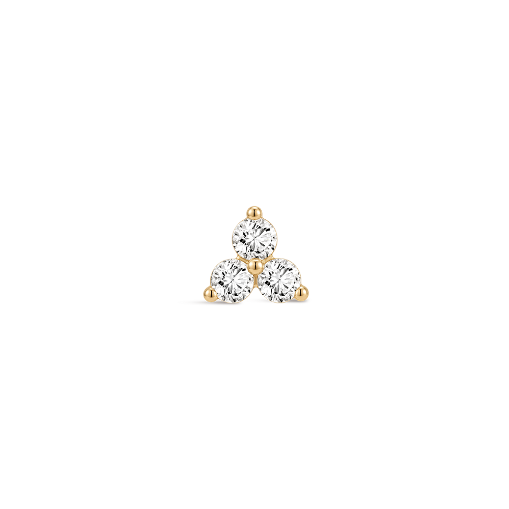 14K Gold Classic Triple CZ Cluster Titanium Internally Threaded Flat Back Cartilage Stud | Hypoallergenic Piercing Jewelry
