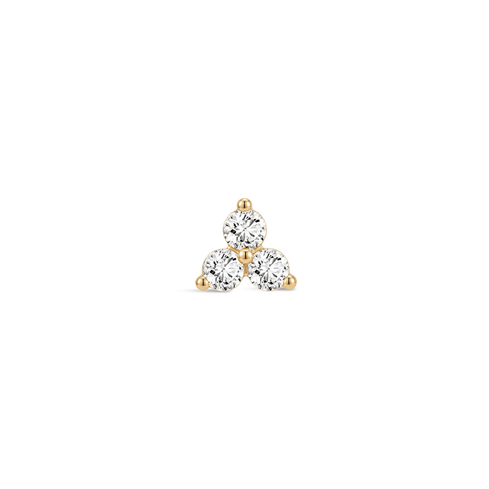 14K Gold Classic Triple CZ Cluster Titanium Internally Threaded Flat Back Cartilage Stud | Hypoallergenic Piercing Jewelry
