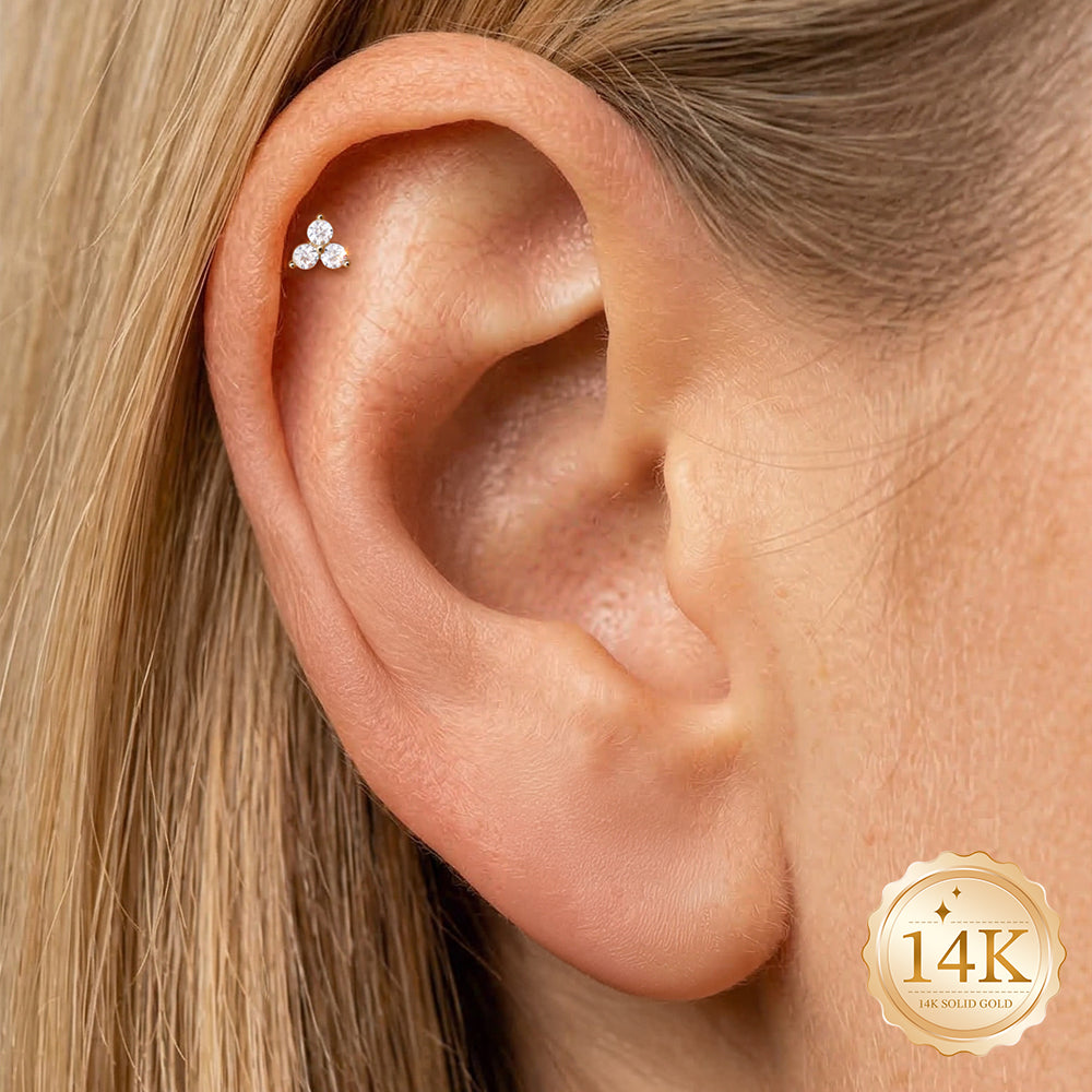 14K Gold Classic Triple CZ Cluster Titanium Internally Threaded Flat Back Cartilage Stud | Hypoallergenic Piercing Jewelry