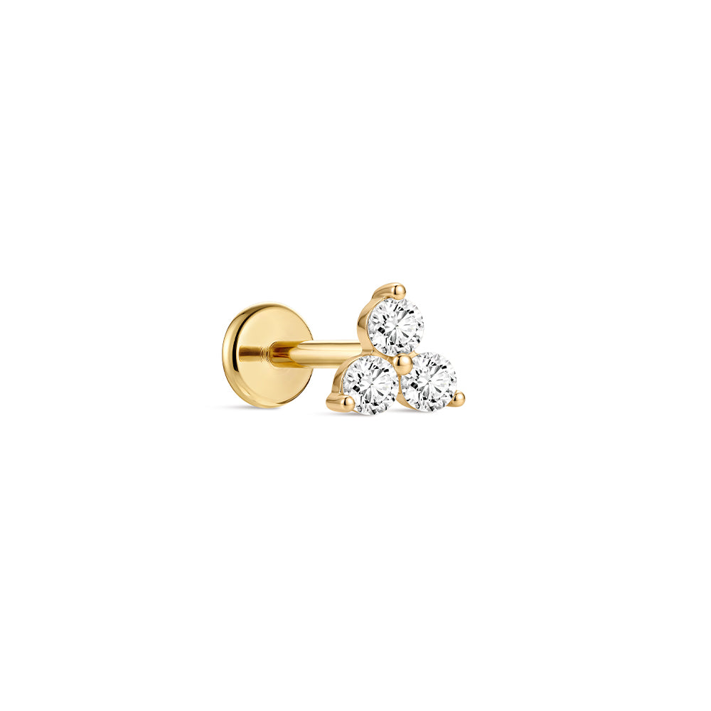 14K Gold Classic Triple CZ Cluster Titanium Internally Threaded Flat Back Cartilage Stud | Hypoallergenic Piercing Jewelry