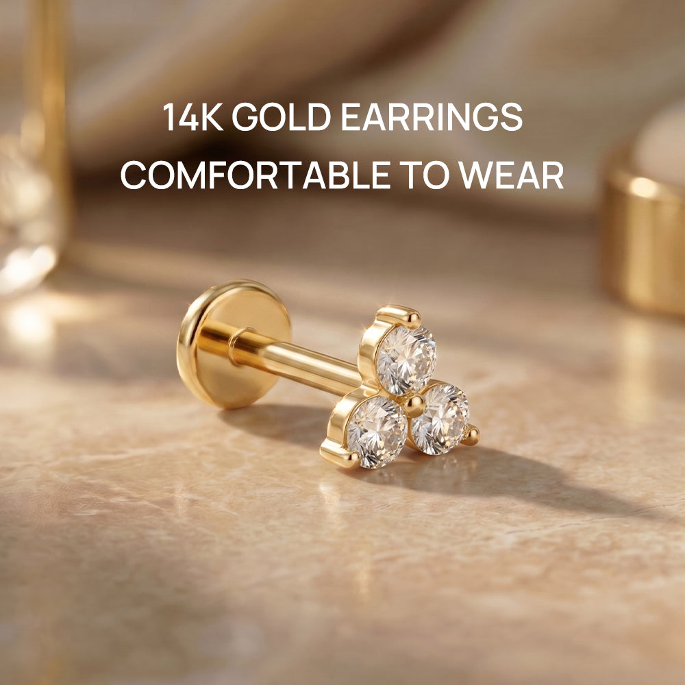 14K Gold Classic Triple CZ Cluster Titanium Internally Threaded Flat Back Cartilage Stud | Hypoallergenic Piercing Jewelry