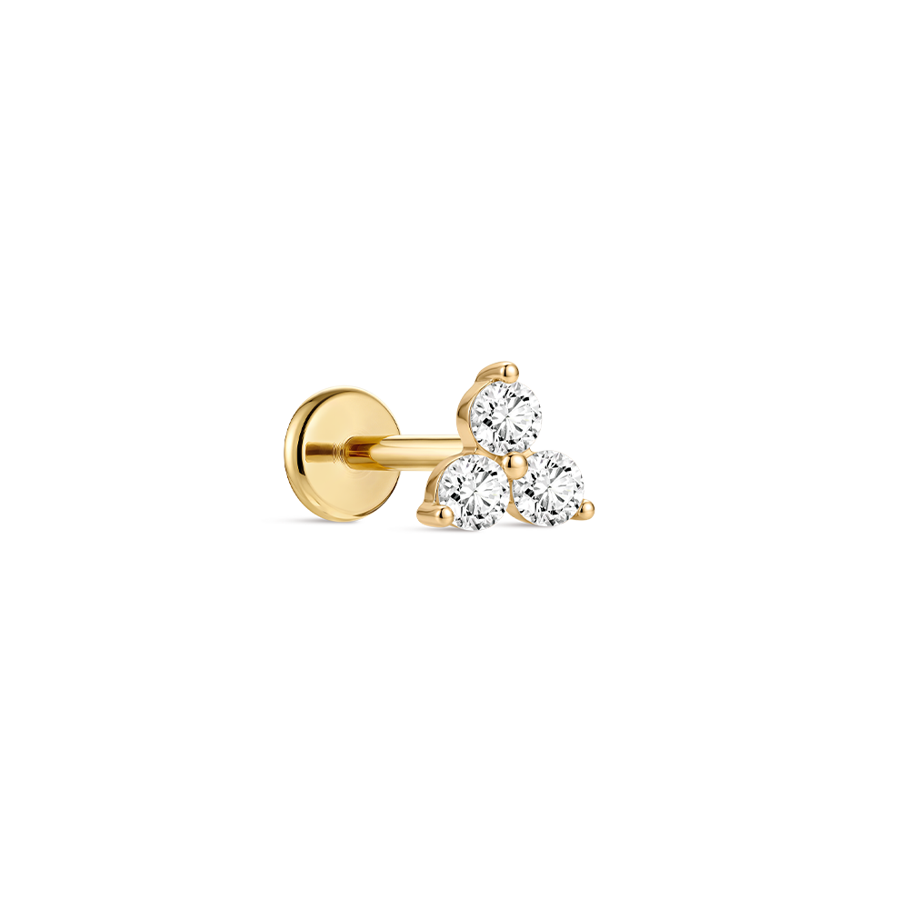 14K Gold Classic Triple CZ Cluster Titanium Internally Threaded Flat Back Cartilage Stud | Hypoallergenic Piercing Jewelry