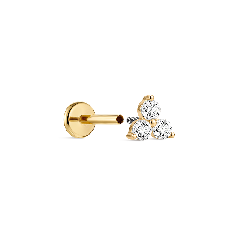 14K Gold Classic Triple CZ Cluster Titanium Internally Threaded Flat Back Cartilage Stud | Hypoallergenic Piercing Jewelry