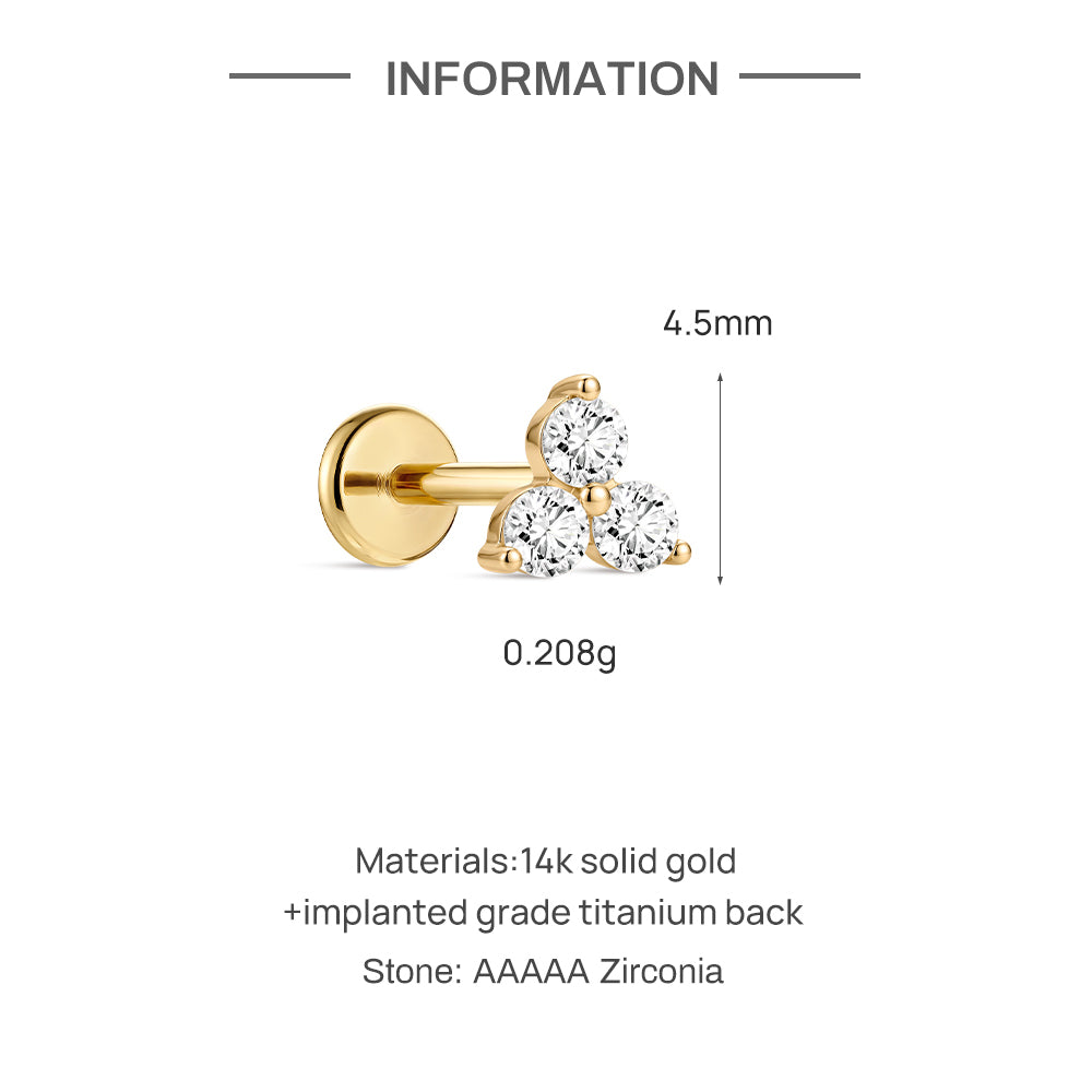 14K Gold Classic Triple CZ Cluster Titanium Internally Threaded Flat Back Cartilage Stud | Hypoallergenic Piercing Jewelry
