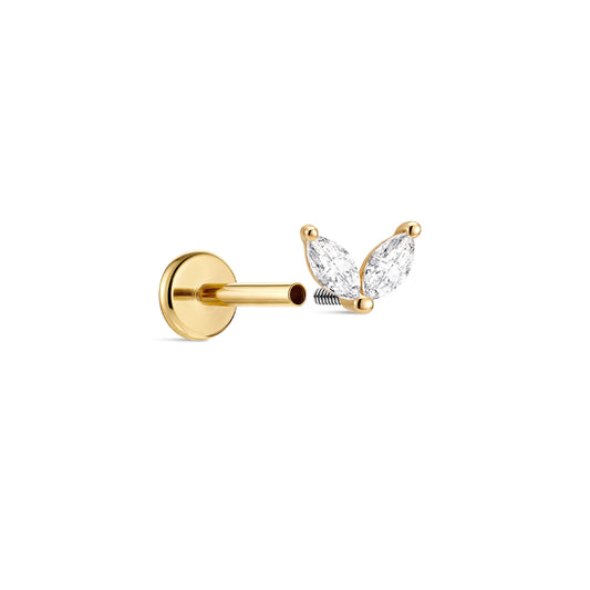 14K Gold Minimalist Geometric Marquise CZ Titanium Internally Threaded Flat Back Cartilage Stud | Hypoallergenic Piercing Jewelry