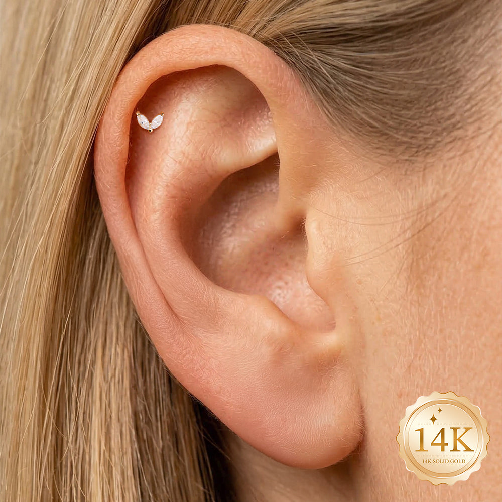 14K Gold Minimalist Geometric Marquise CZ Titanium Internally Threaded Flat Back Cartilage Stud | Hypoallergenic Piercing Jewelry