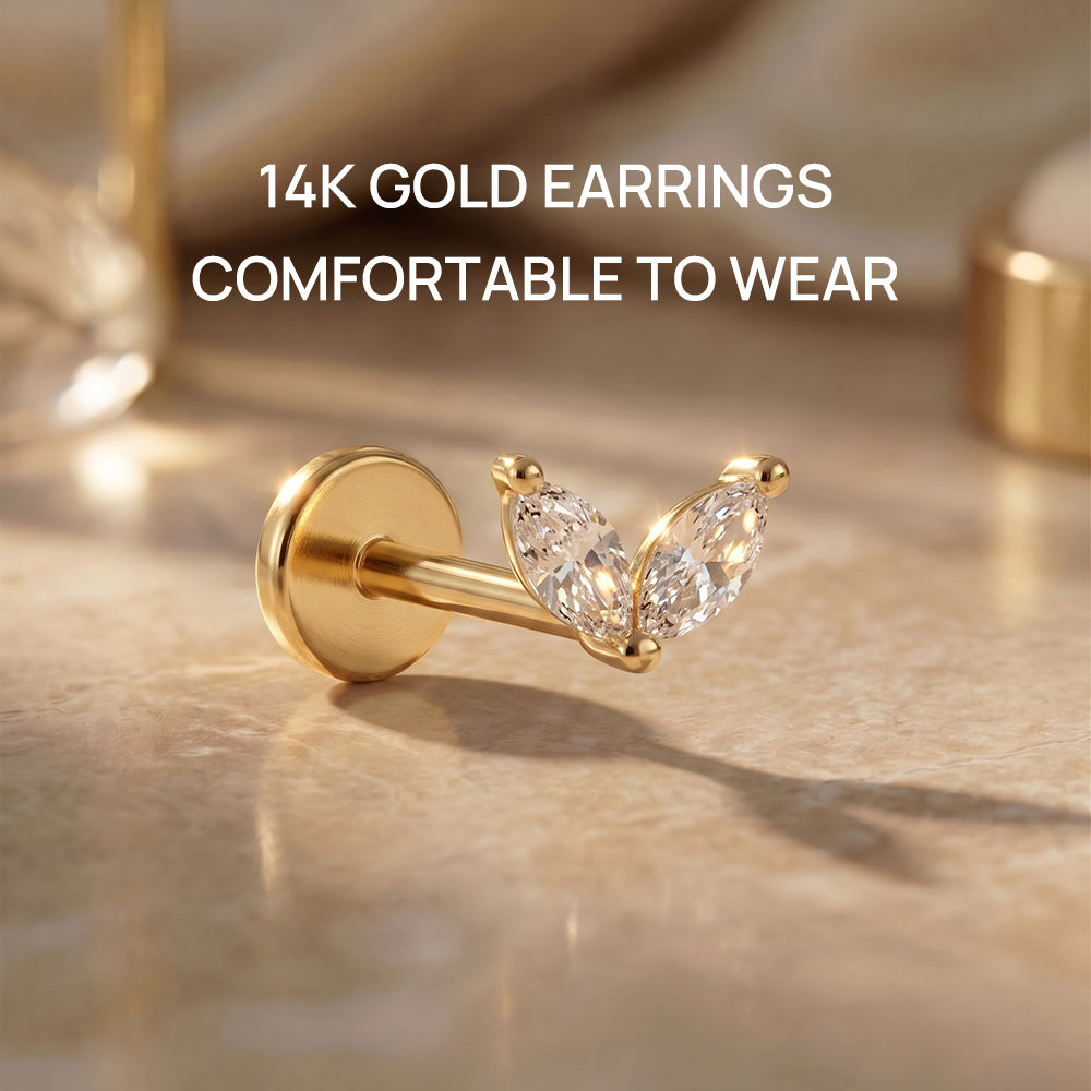 14K Gold Minimalist Geometric Marquise CZ Titanium Internally Threaded Flat Back Cartilage Stud | Hypoallergenic Piercing Jewelry