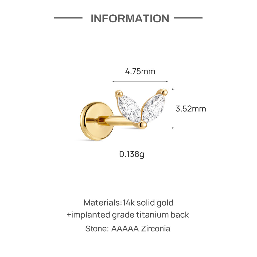 14K Gold Minimalist Geometric Marquise CZ Titanium Internally Threaded Flat Back Cartilage Stud | Hypoallergenic Piercing Jewelry