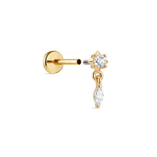 14K Gold Minimalist Geometric Marquise CZ Titanium Internally Threaded Flat Back Cartilage Stud | Hypoallergenic Piercing Jewelry