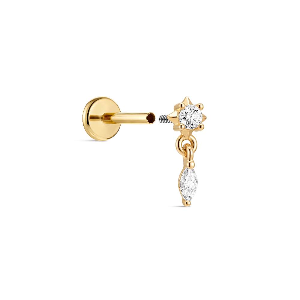 14K Gold Minimalist Geometric Marquise CZ Titanium Internally Threaded Flat Back Cartilage Stud | Hypoallergenic Piercing Jewelry