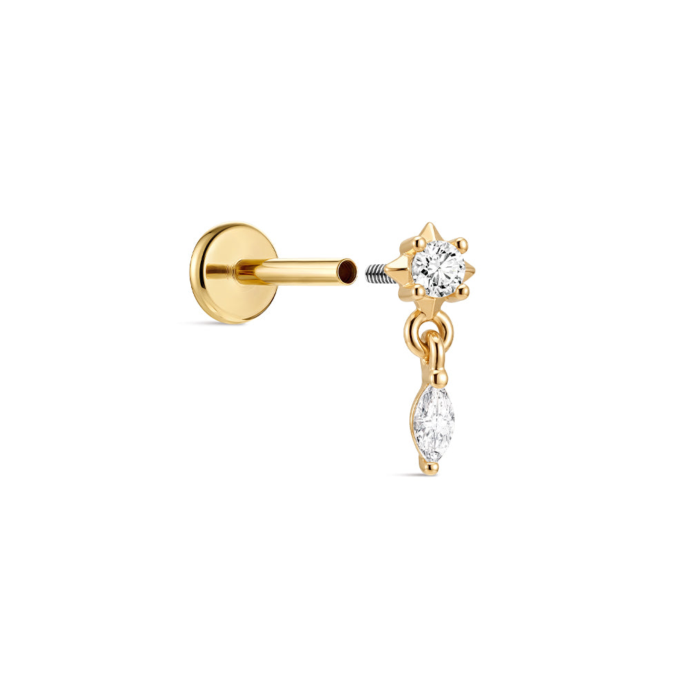 14K Gold Minimalist Geometric Marquise CZ Titanium Internally Threaded Flat Back Cartilage Stud | Hypoallergenic Piercing Jewelry