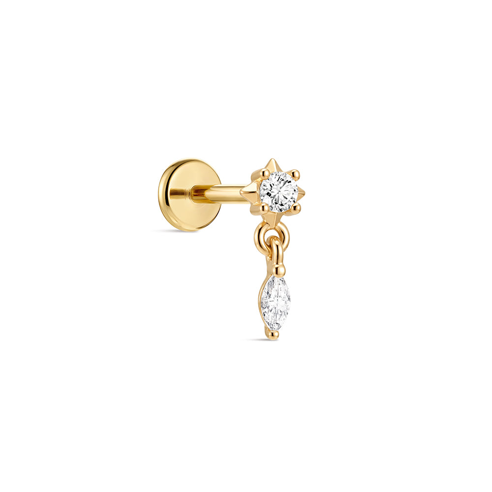 14K Gold Minimalist Geometric Marquise CZ Titanium Internally Threaded Flat Back Cartilage Stud | Hypoallergenic Piercing Jewelry