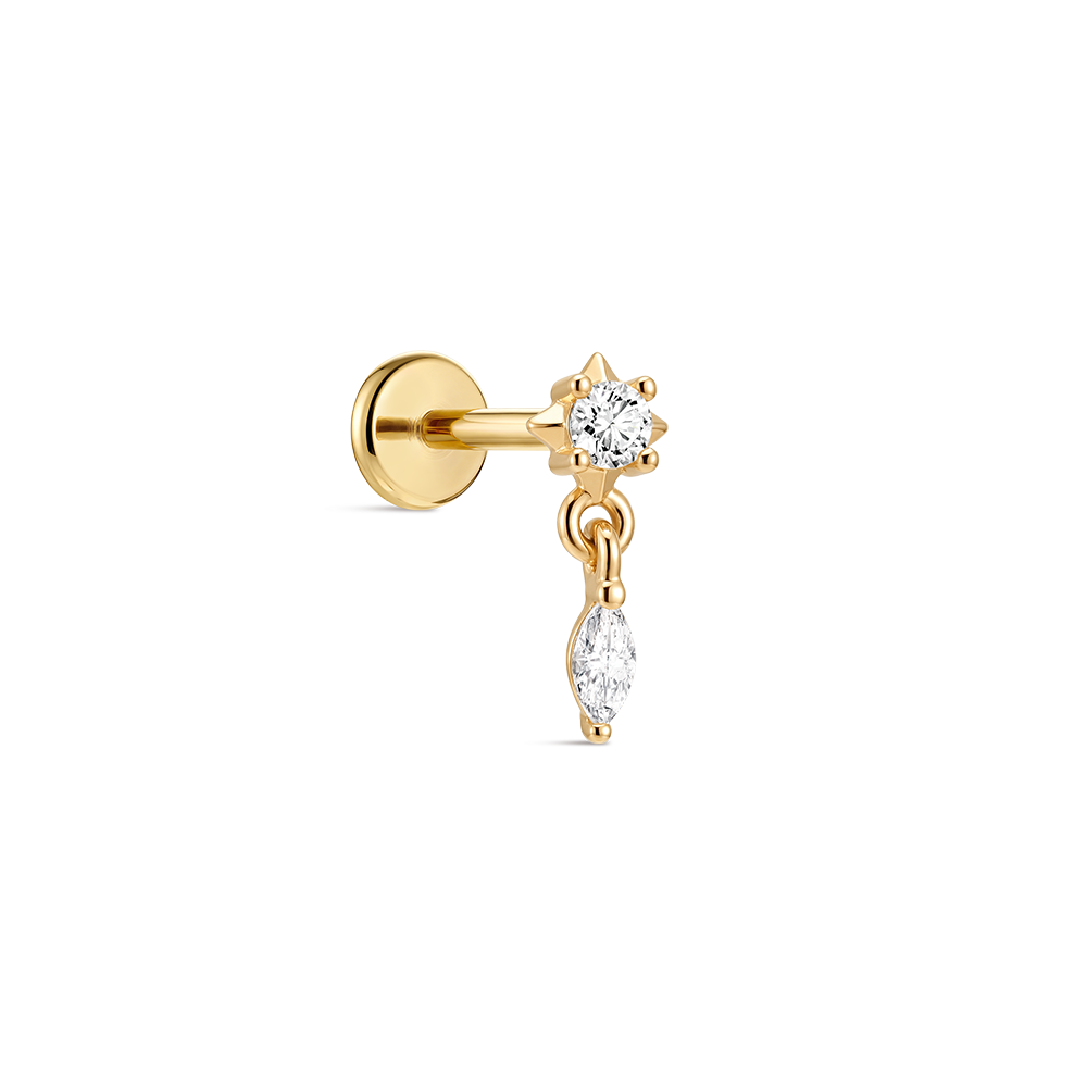 14K Gold Minimalist Geometric Marquise CZ Titanium Internally Threaded Flat Back Cartilage Stud | Hypoallergenic Piercing Jewelry