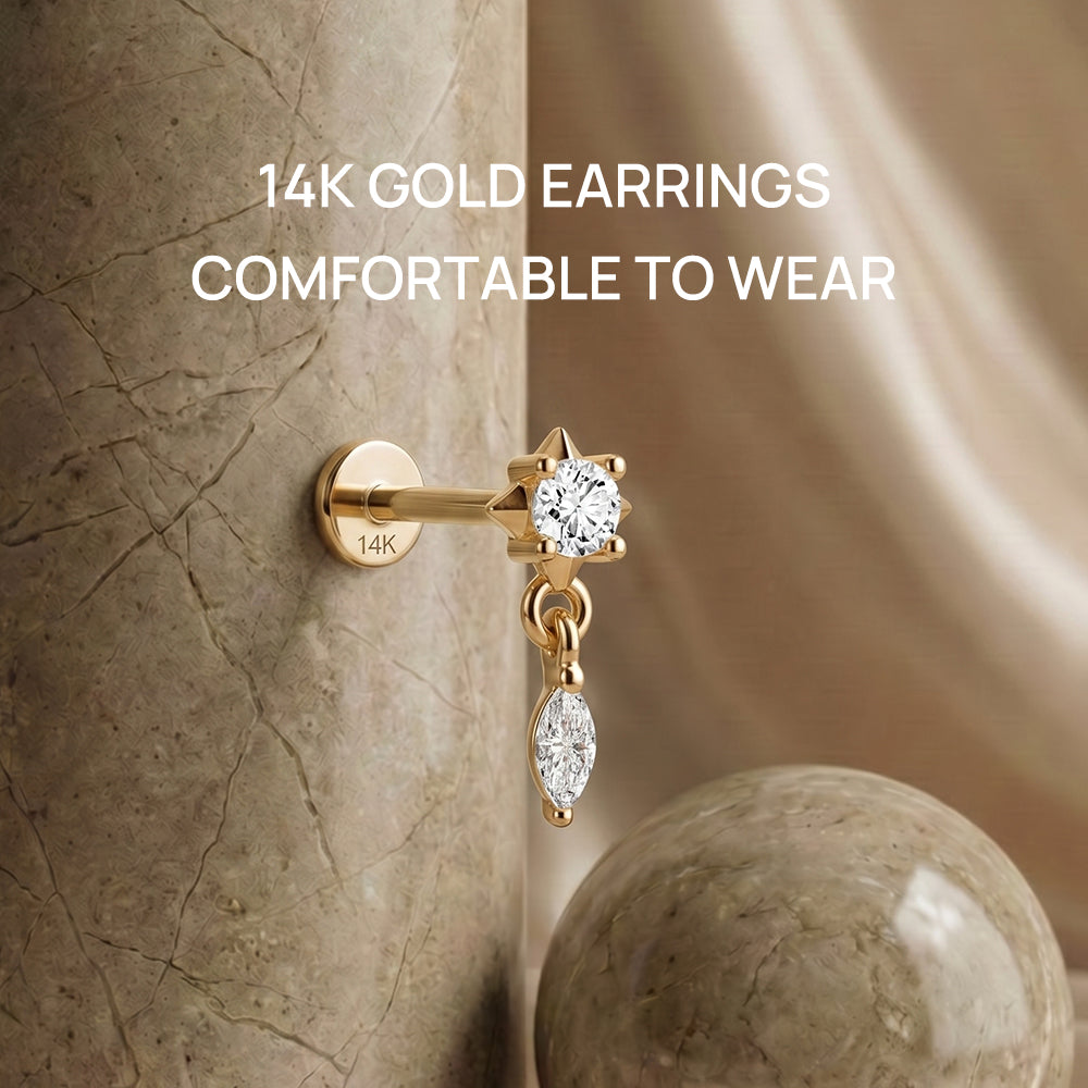 14K Gold Minimalist Geometric Marquise CZ Titanium Internally Threaded Flat Back Cartilage Stud | Hypoallergenic Piercing Jewelry