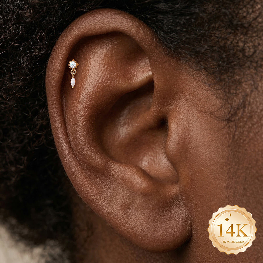 14K Gold Minimalist Geometric Marquise CZ Titanium Internally Threaded Flat Back Cartilage Stud | Hypoallergenic Piercing Jewelry