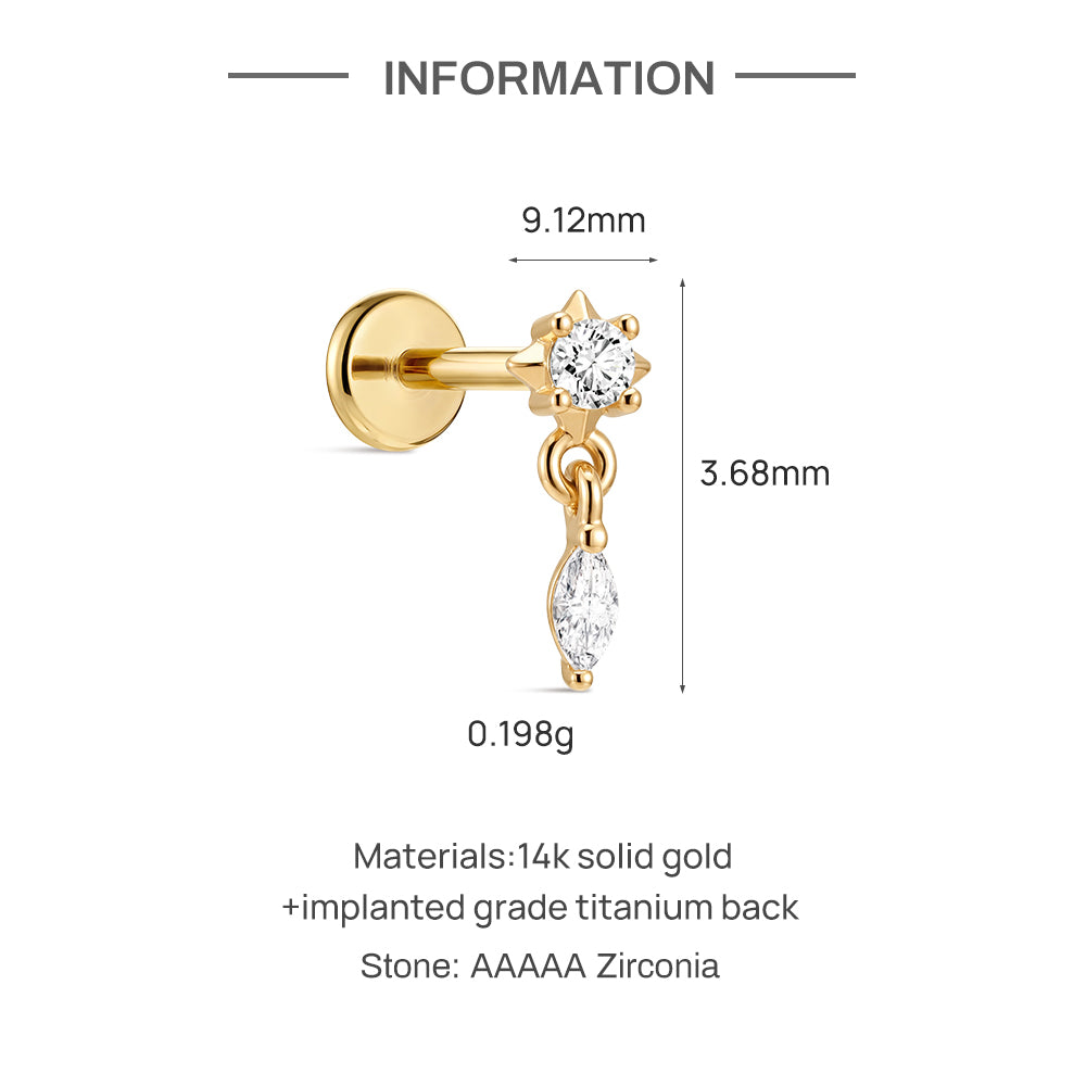 14K Gold Minimalist Geometric Marquise CZ Titanium Internally Threaded Flat Back Cartilage Stud | Hypoallergenic Piercing Jewelry