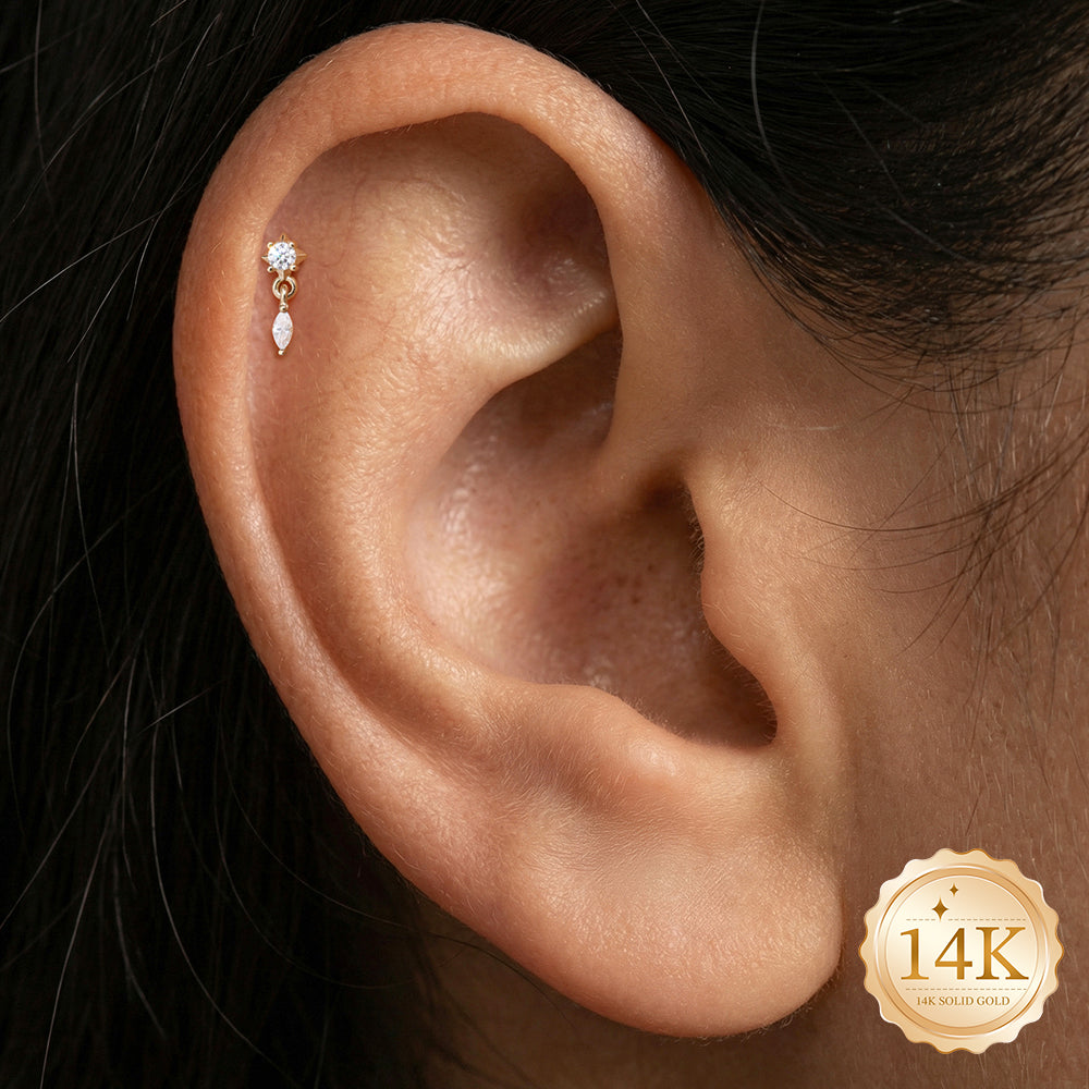 14K Gold Minimalist Geometric Marquise CZ Titanium Internally Threaded Flat Back Cartilage Stud | Hypoallergenic Piercing Jewelry