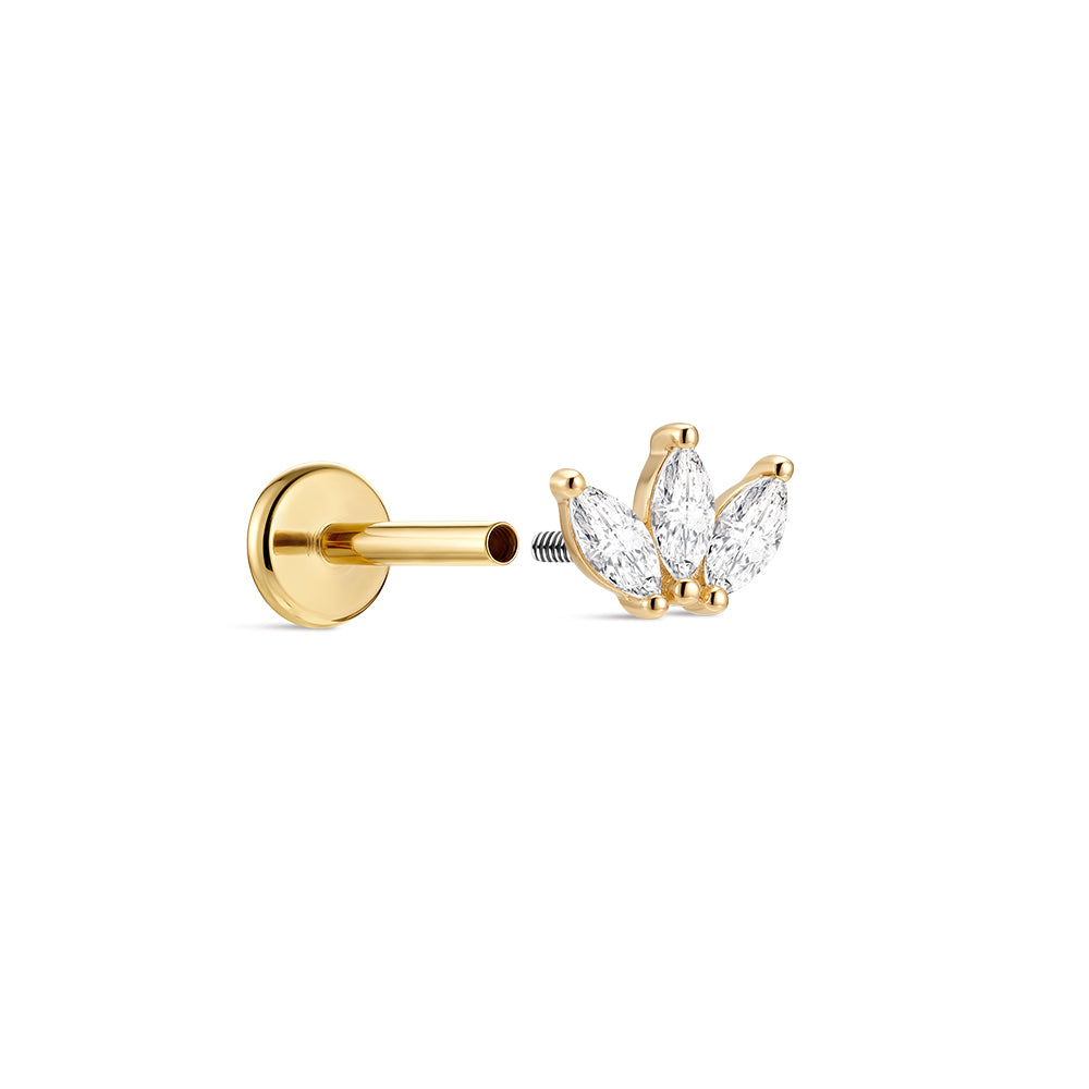 14K Gold Minimalist Geometric Marquise CZ Titanium Internally Threaded Flat Back Cartilage Stud | Hypoallergenic Piercing Jewelry