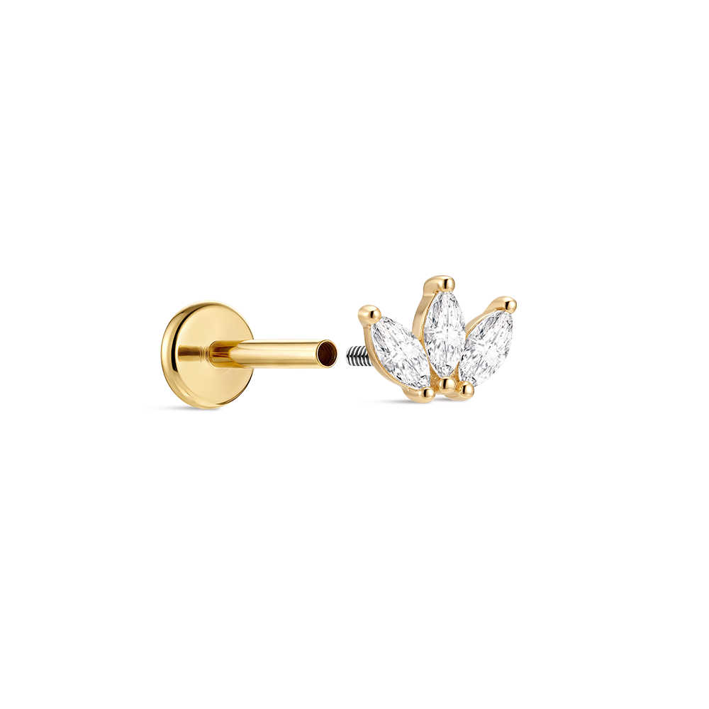 14K Gold Minimalist Geometric Marquise CZ Titanium Internally Threaded Flat Back Cartilage Stud | Hypoallergenic Piercing Jewelry