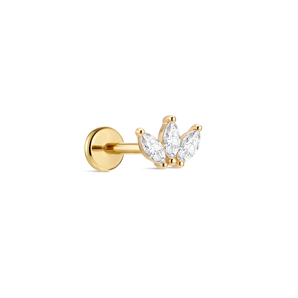 14K Gold Minimalist Geometric Marquise CZ Titanium Internally Threaded Flat Back Cartilage Stud | Hypoallergenic Piercing Jewelry