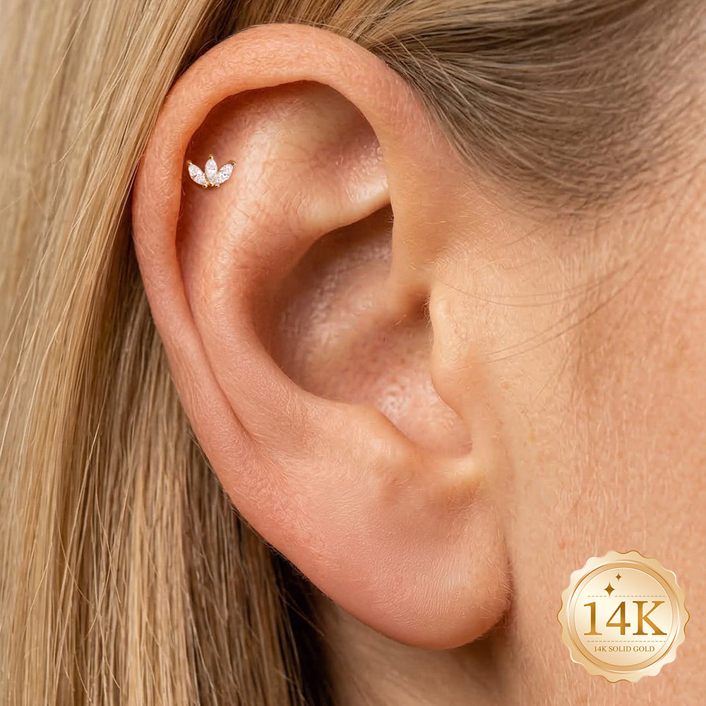14K Gold Minimalist Geometric Marquise CZ Titanium Internally Threaded Flat Back Cartilage Stud | Hypoallergenic Piercing Jewelry