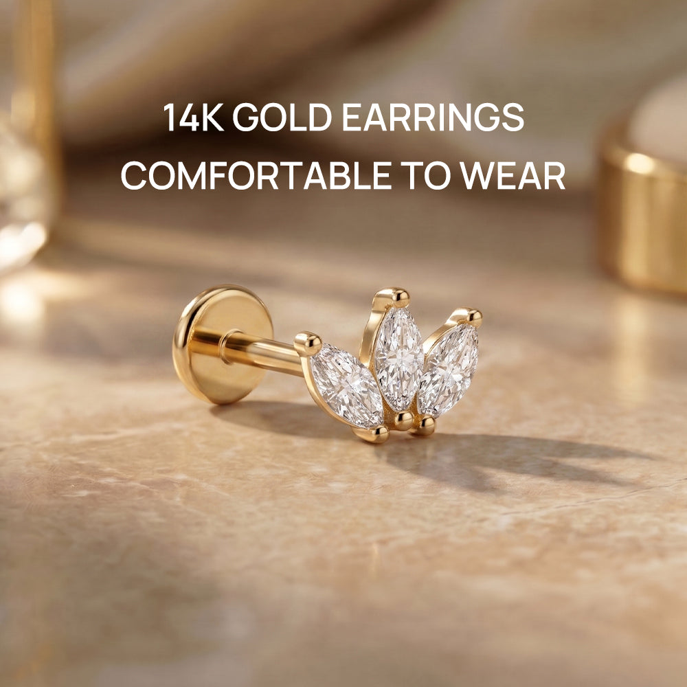 14K Gold Minimalist Geometric Marquise CZ Titanium Internally Threaded Flat Back Cartilage Stud | Hypoallergenic Piercing Jewelry